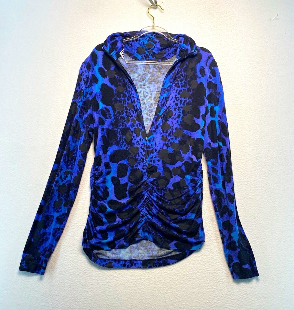 Carlisle Women’s Mock Neck back zip Animal Print Top Purple Black Blue M bodycon